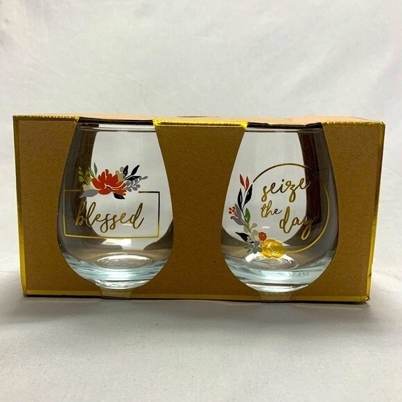 Blessed Seize The Day Painted Wine Glass Set Stemless Gold Painted Floral 16 oz - Picture 2 of 8
